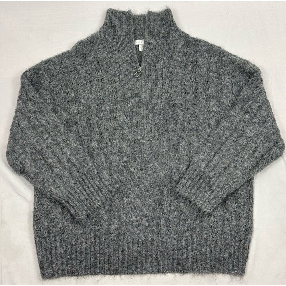Topshop Women's Size 4-6 Gray 1/4 Zip Oversized Fuzzy Pullover Sweater Mock Neck
